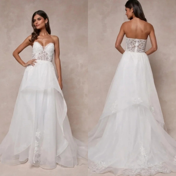 Lulus Mine, All Mine White Embroidered Organza Strapless A-Line Gown Wedding - Picture 1 of 13